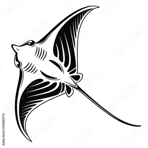 Elegant manta ray gracefully glides through the ocean waters, its form depicted in striking monochrome