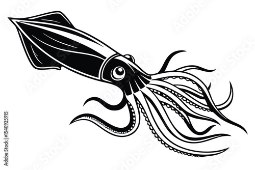 Monochrome squid presents intricately designed tentacles and distinct eye marking on a stark white canvas
