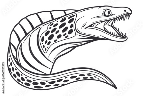 A monochrome moray eel curves forward while its mouth is agape showing sharp teeth