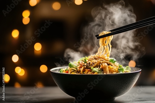 Delicious Steaming Noodles Served in a Black Bowl With Chopsticks at a Warm D...
