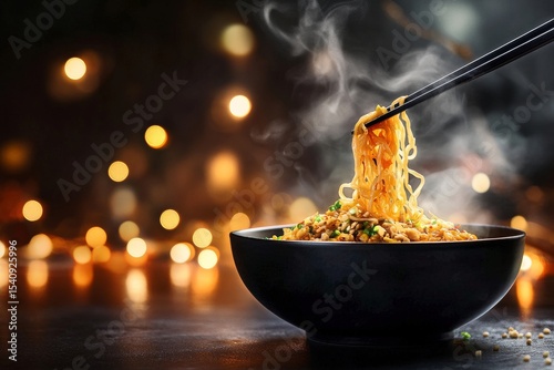 Enjoying Steaming Noodles With Chopsticks in a Cozy Setting During a Festive ...