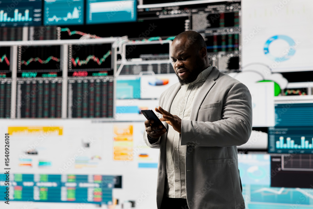 Fototapeta premium Male business leader analyzing finance charts and analytics for startup development, improving performance models for fruitful management decisions. Administrator studying big data reports.