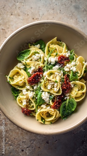 Delicious Pasta Dish With Artichokes and Feta Served on a Textured Plate.