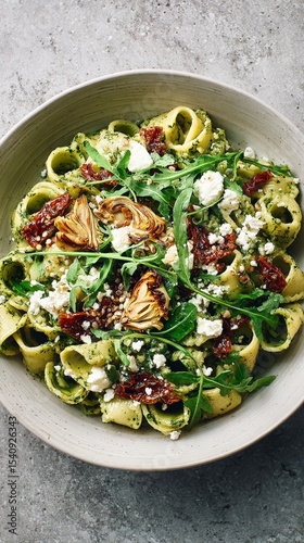 Delicious Pasta Dish With Artichokes and Feta Served on Textured Plate.