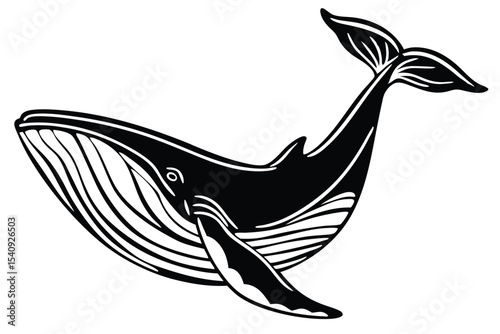 Whale illustration features a large, powerful aquatic mammal with distinctive markings, rendered in monochrome