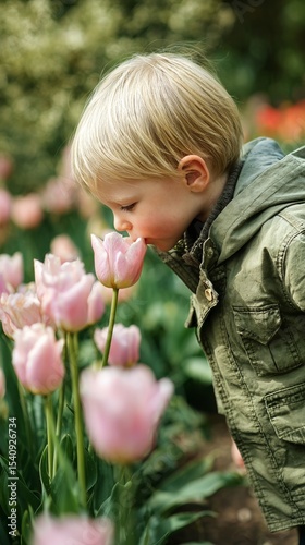Child Enjoys Smelling Pink Tulips in a Vibrant Garden During Springtime