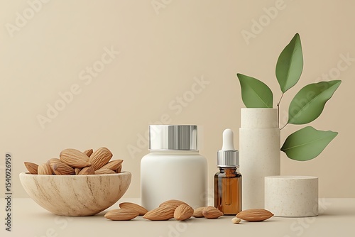 Almonds, Jars & Oil Bottle Still Life, Natural Cosmetics, Clean Cream Background, Leaves