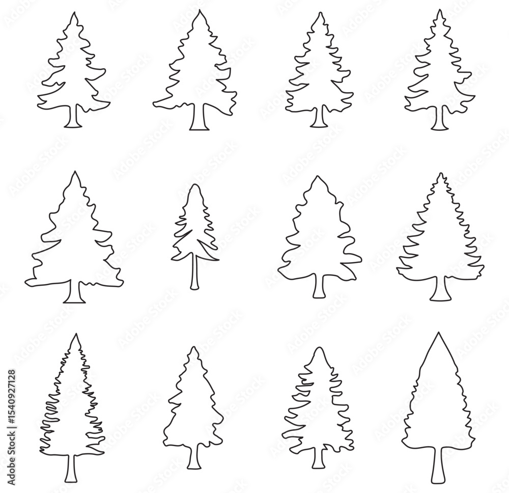 Obraz premium Tree silhouette, Christmas tree clip art. Winter Holiday Symbols. Spruce tree, ink plant sketch, hand drawing. Design EPS 10