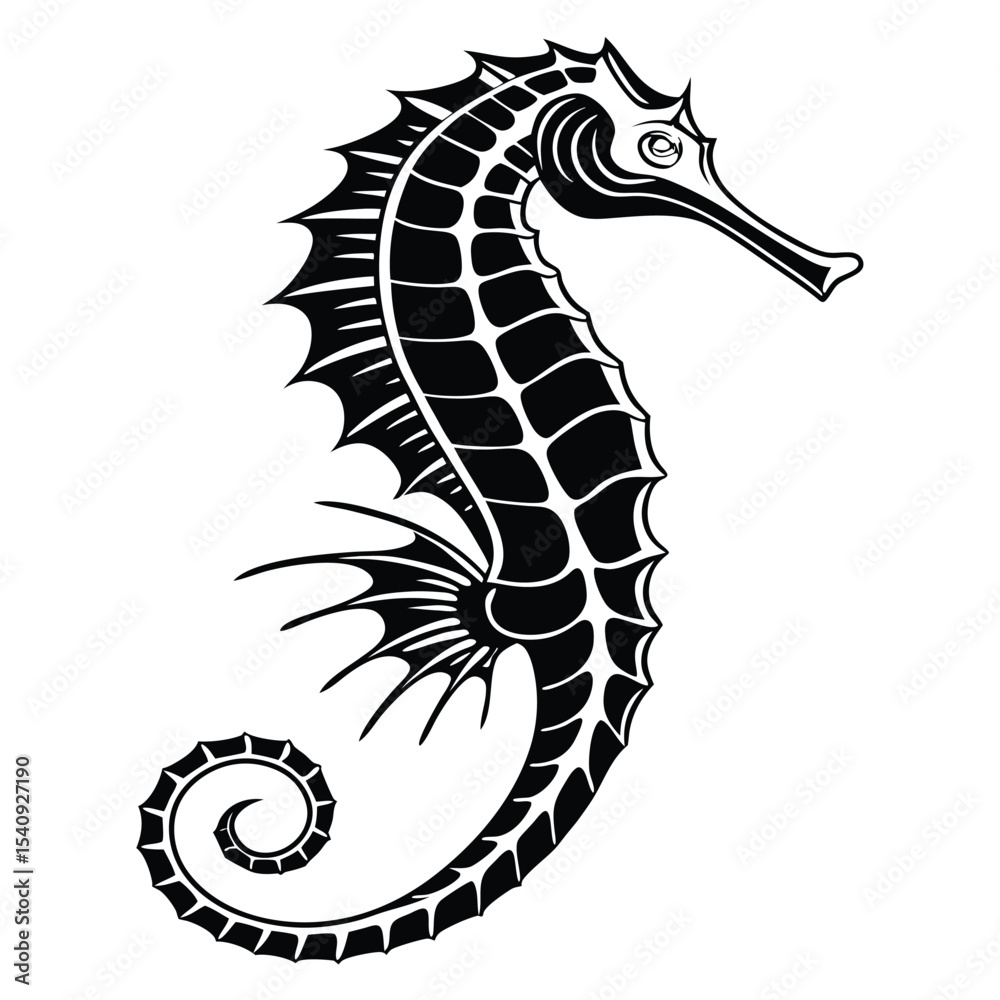 Fototapeta premium Detailed monochrome seahorse displays intricate fin details and a gracefully curled tail