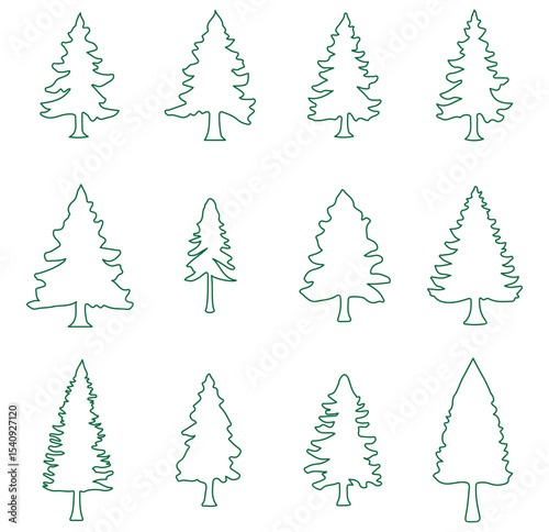 Tree silhouette, Christmas tree clip art. Winter Holiday Symbols. Spruce tree, ink plant sketch, hand drawing. Design EPS 10