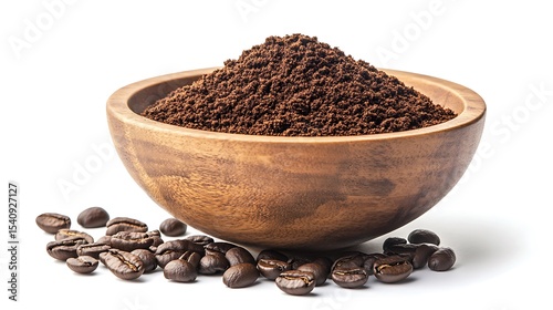 Aromatic Ground Coffee in Wooden Bowl with Roasted Beans on a White Backdrop