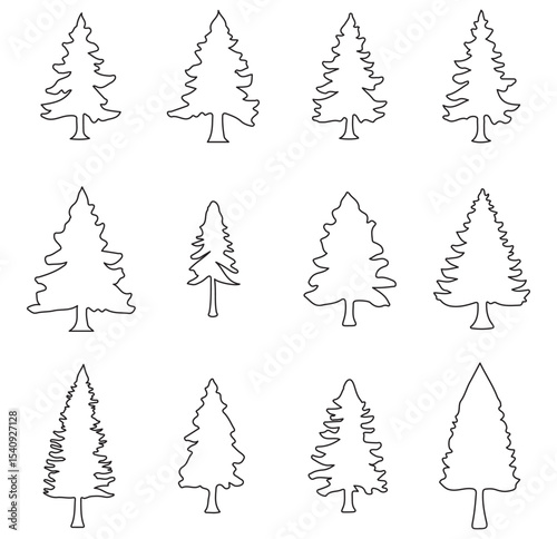 Tree silhouette, Christmas tree clip art. Winter Holiday Symbols. Spruce tree, ink plant sketch, hand drawing. Design EPS 10