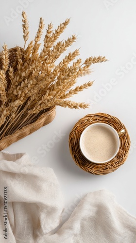 Warm Coffee Cup Next to Dried Wheat on a White Surface in a Cozy Setting.