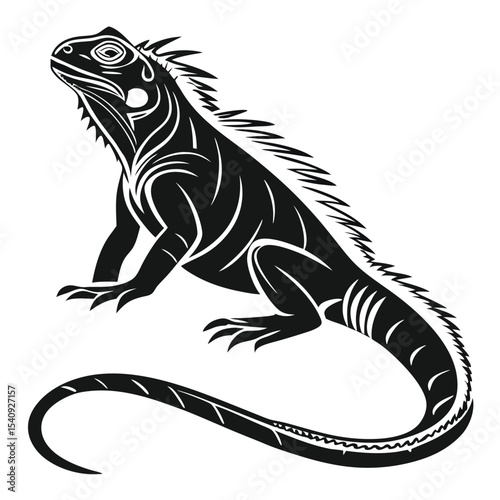Detailed monochrome silhouette shows a large iguana standing against a white background
