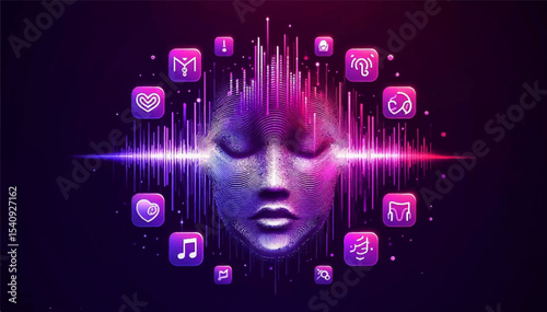 Neon bright face-shaped equalizer illustration and various application icons on a purple background. Vector graphics. EPS.