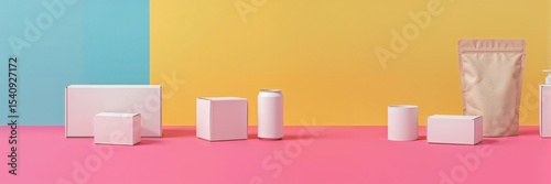 Product packaging mockups on a colorful background