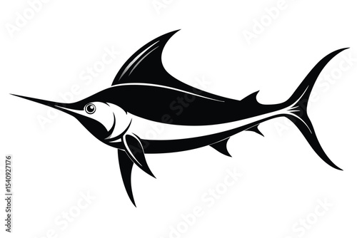 Black and white marlin swims toward right, showcasing sharp bill and fins