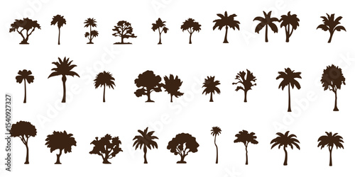silhouette tree line drawing set,  set of  trees elements outline symbol for landscape design drawing. Vector illustration in stroke fill in white. 