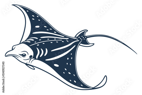 Detailed manta ray gracefully swims, showcasing its spotted wings and elongated tail feature