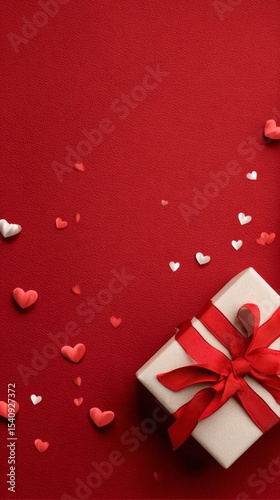 Gift Box With Red Ribbon and Heart-Shaped Decorations for Romantic Occasions.