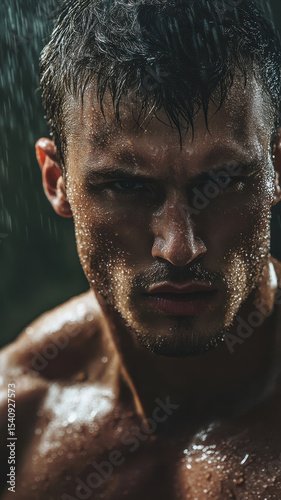 Sweaty Muscular Man Intense Gaze Rain Dark Background