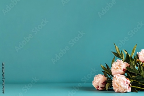 Bouquet of Soft Pink Flowers Arranged Against a Turquoise Background for Flor...