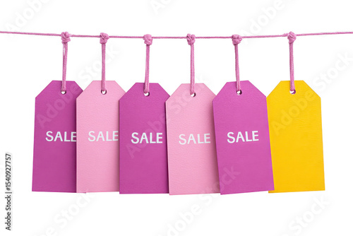 Purple and pink sale tags hang on string, with one yellow tag standing out, creating vibrant and eye catching display for promotions