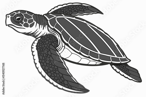 Monochrome sea turtle gracefully glides with its patterned shell and strong flippers