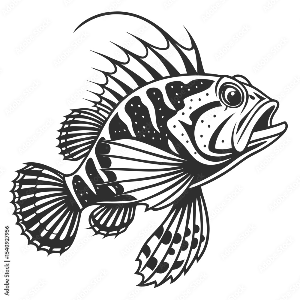 Fototapeta premium Detailed monochrome depicts a tropical fish with spiky dorsal fin