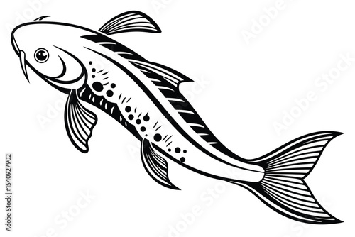 Graceful monochrome koi fish with detailed fins swims gracefully, showcasing its distinct body markings