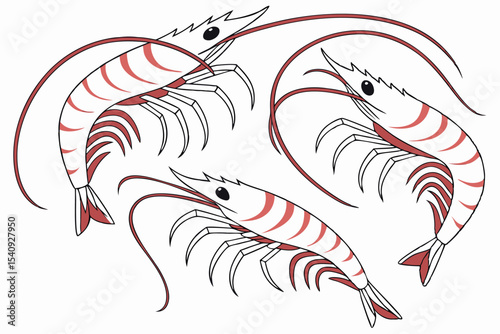 Three stylized shrimp curve elegantly with distinctive red markings on a clean white background