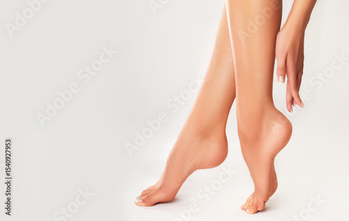 Perfect clean female feet . Beautiful and elegant groomed girl's hand touches her feet . Spa ,scrub and foot care . Woman legs