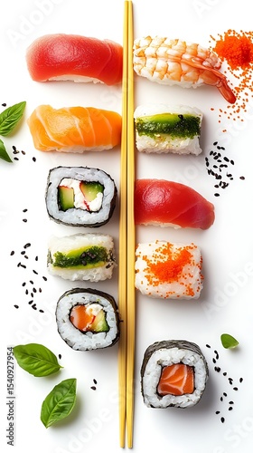 Assorted Sushi Pieces With Chopsticks, Salmon, Tuna, Shrimp, Tobiko on White