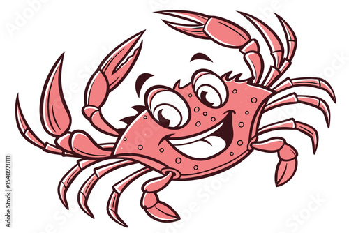 Cheerful cartoon crab smiles broadly with its claws raised up in a playful manner