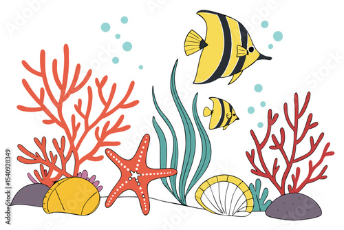 Two stylized yellow fish swim gracefully around coral and starfish near the ocean floor