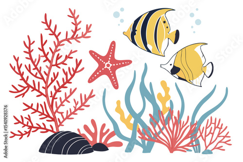 Two angelfish swim near starfish and coral reefs in the ocean depths