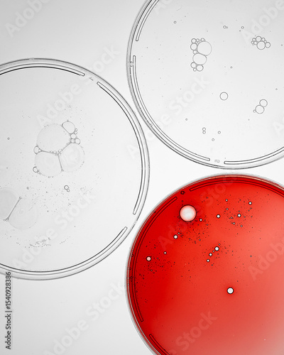 Petri dish. Petri cups with liquid. Kit. Chemical elements, oil, cosmetics. Gel, water, molecules, viruses. Close-up. On a white background.