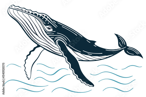 Blue humpback whale swims gracefully above water waves, showcasing its distinctive fin and tail
