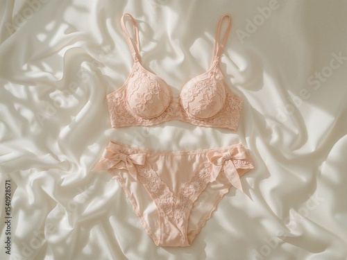 Pink lingerie set on white satin. Feminine lace and bow details.