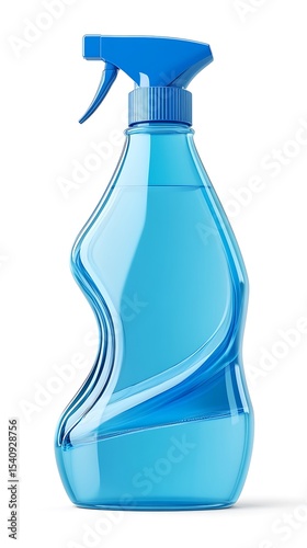 Blue Spray Bottle, Filled With Liquid, Pump Nozzle, Shaped Bottle, on White