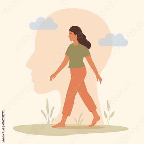 Vector illustration of a young woman walking mindfully, symbolizing mental clarity, self awareness, and inner peace. Flat minimal style, ideal for wellness, psychology, blog, and editorial content.