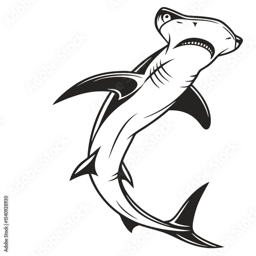 Isolated hammerhead shark gracefully swims upwards, showcasing its distinct shape in a stylized format