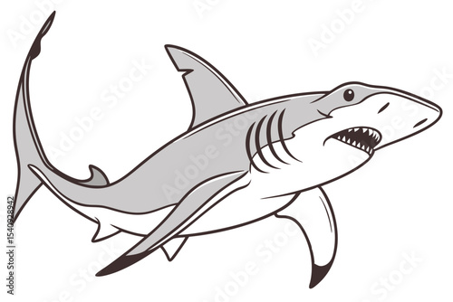 Gray cartoon shark with open mouth displaying sharp teeth swims aggressively across frame