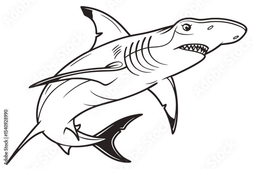 Cartoon shark showing its teeth and swimming with black lines against a white background