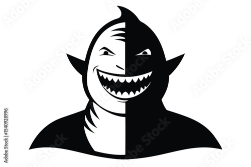Half black half white sharkhuman hybrid face smiles maliciously displaying jagged teeth