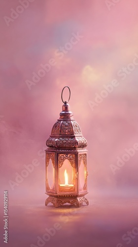Beautifully Designed Lantern With a Candle Glowing Softly Against a Pastel Ba...