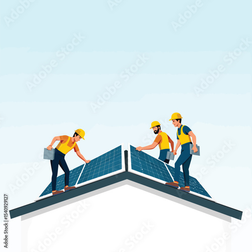 Solar panel installation team installing photovoltaic panels on a rooftop for energy savings