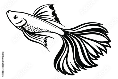 Decorative fish line art with long flowing tail showcases intricate monochrome beauty