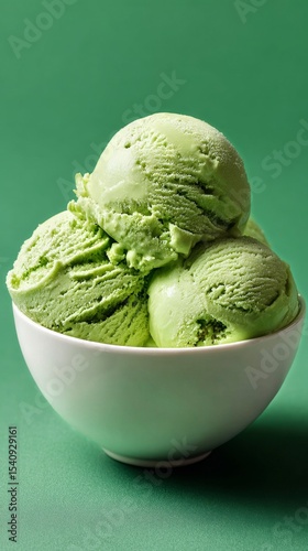 Fresh Matcha Green Tea Ice Cream Served in a White Bowl on a Vibrant Green Ba...