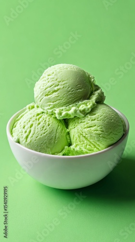 Delicious Green Mint Ice Cream Served in a Bowl on a Vibrant Green Background
